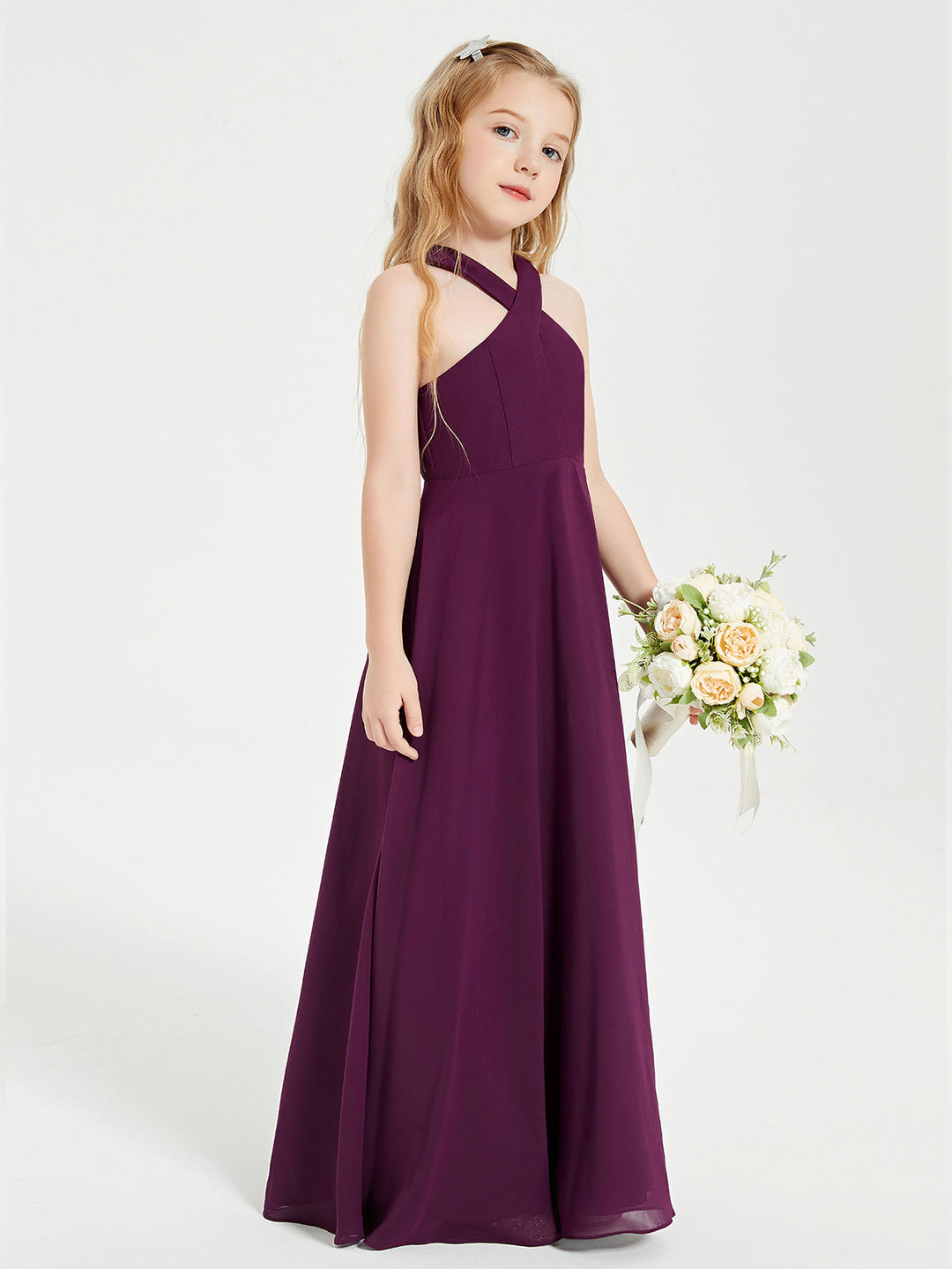 Junior Bridesmaid Dresses Grecian Neckline Floor Length Grape