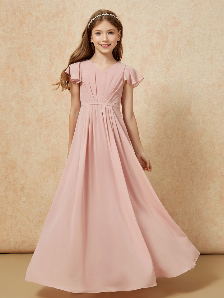 Flutter Sleeves V-neck Chiffon Junior Bridesmaid Dresses Dusty Rose