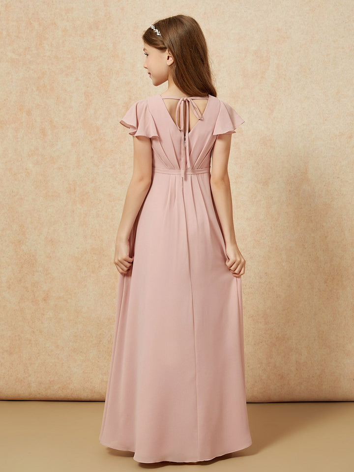Flutter Sleeves V-neck Chiffon Junior Bridesmaid Dresses Dusty Rose