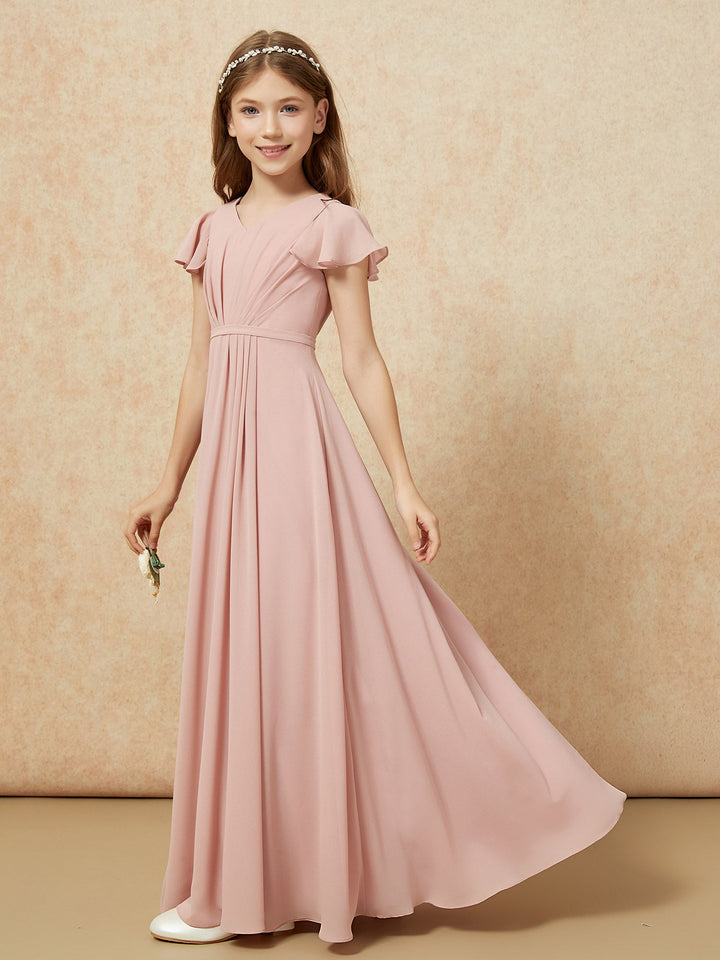 Flutter Sleeves V-neck Chiffon Junior Bridesmaid Dresses Dusty Rose