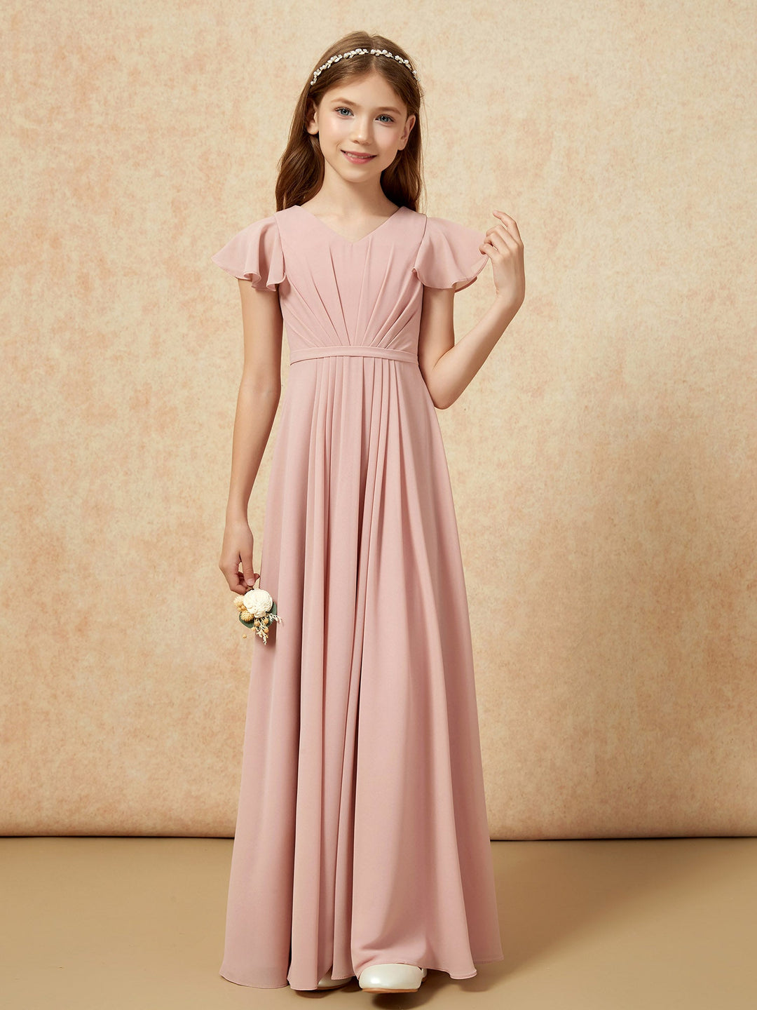 Flutter Sleeves V-neck Chiffon Junior Bridesmaid Dresses Dusty Rose