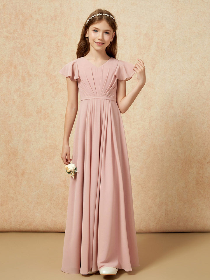 Flutter Sleeves V-neck Chiffon Junior Bridesmaid Dresses Dusty Rose
