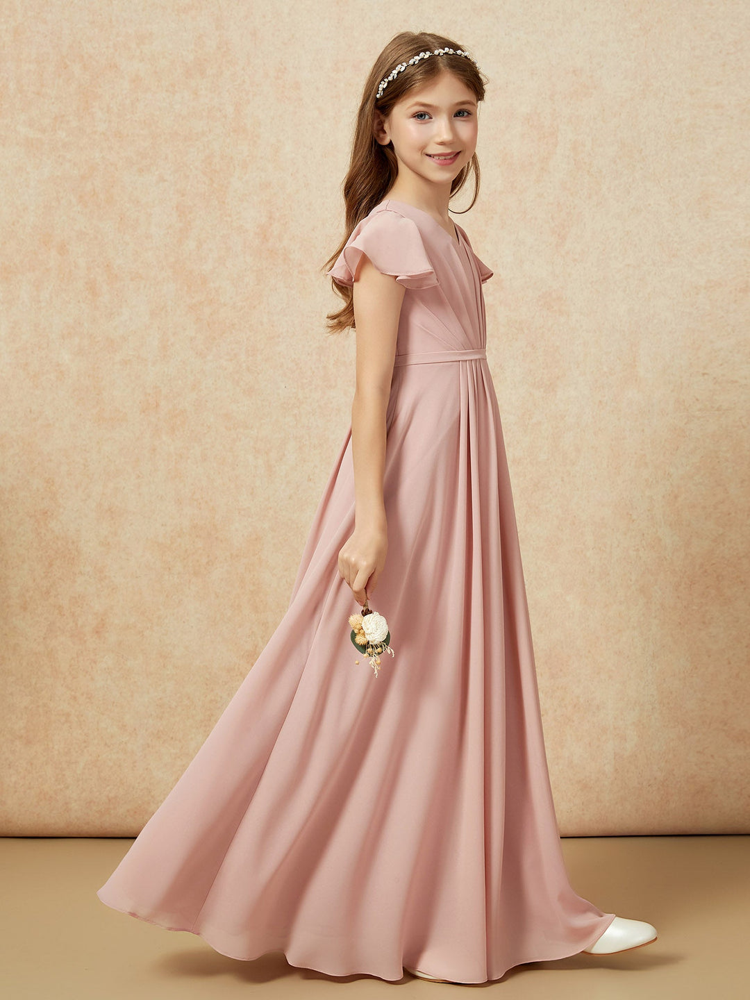 Flutter Sleeves V-neck Chiffon Junior Bridesmaid Dresses Dusty Rose