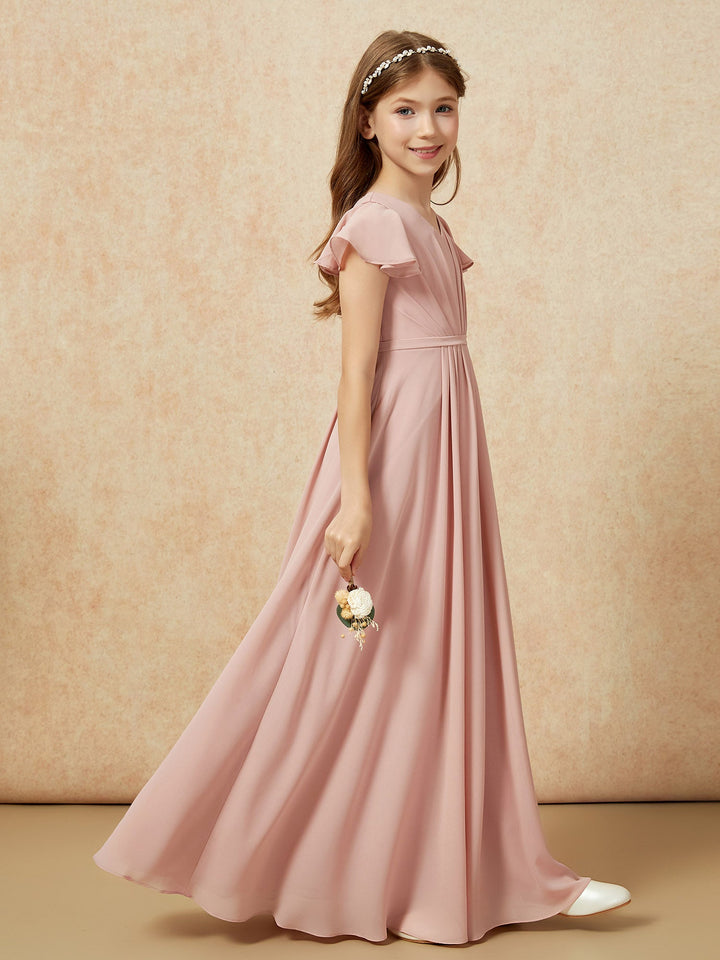 Flutter Sleeves V-neck Chiffon Junior Bridesmaid Dresses Dusty Rose
