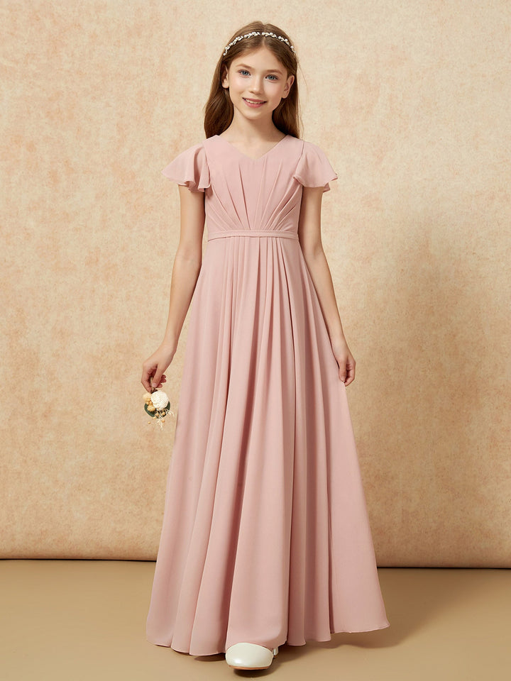 Flutter Sleeves V-neck Chiffon Junior Bridesmaid Dresses Dusty Rose