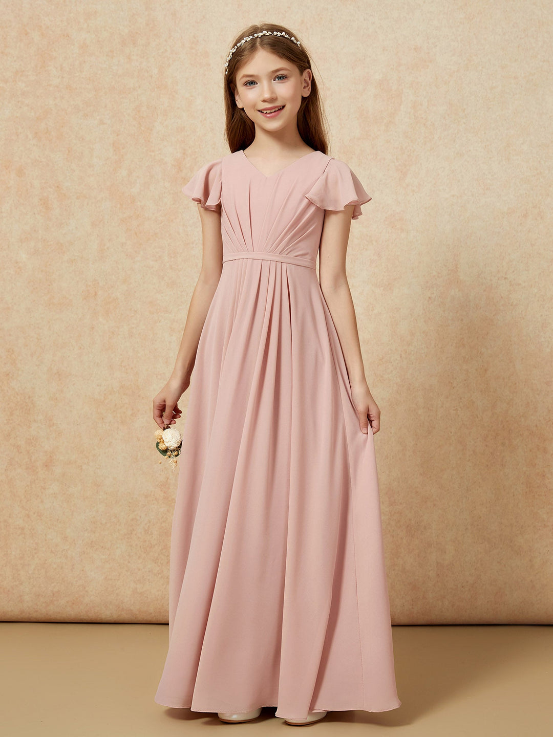 Flutter Sleeves V-neck Chiffon Junior Bridesmaid Dresses Dusty Rose
