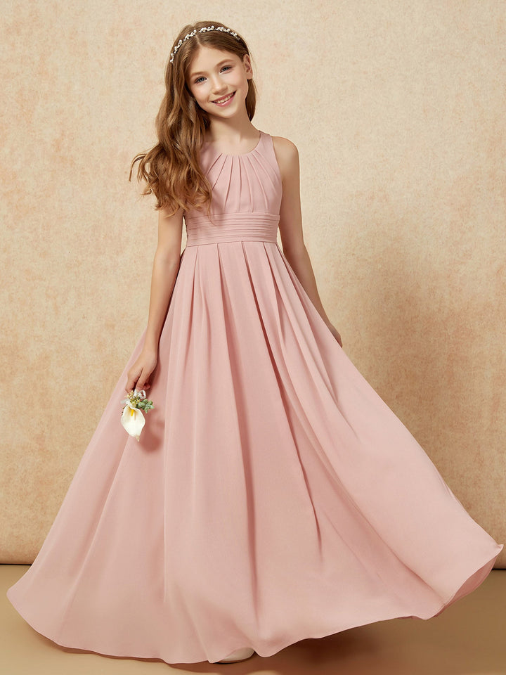 Scoop Neck Pleated Long Junior Bridesmaid Dresses Dusty Rose