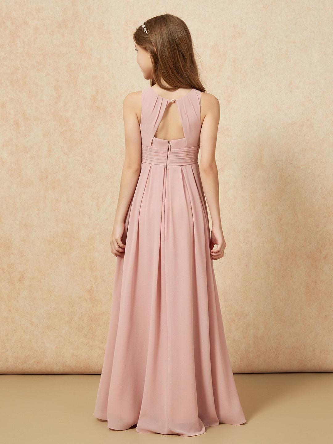 Scoop Neck Pleated Long Junior Bridesmaid Dresses Dusty Rose