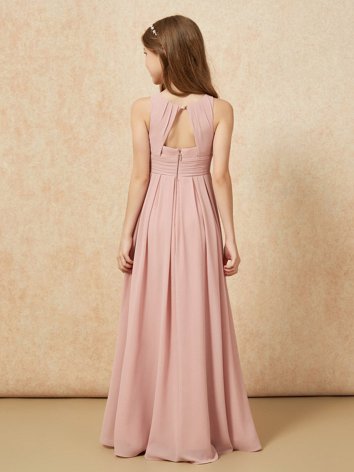 Scoop Neck Pleated Long Junior Bridesmaid Dresses Dusty Rose