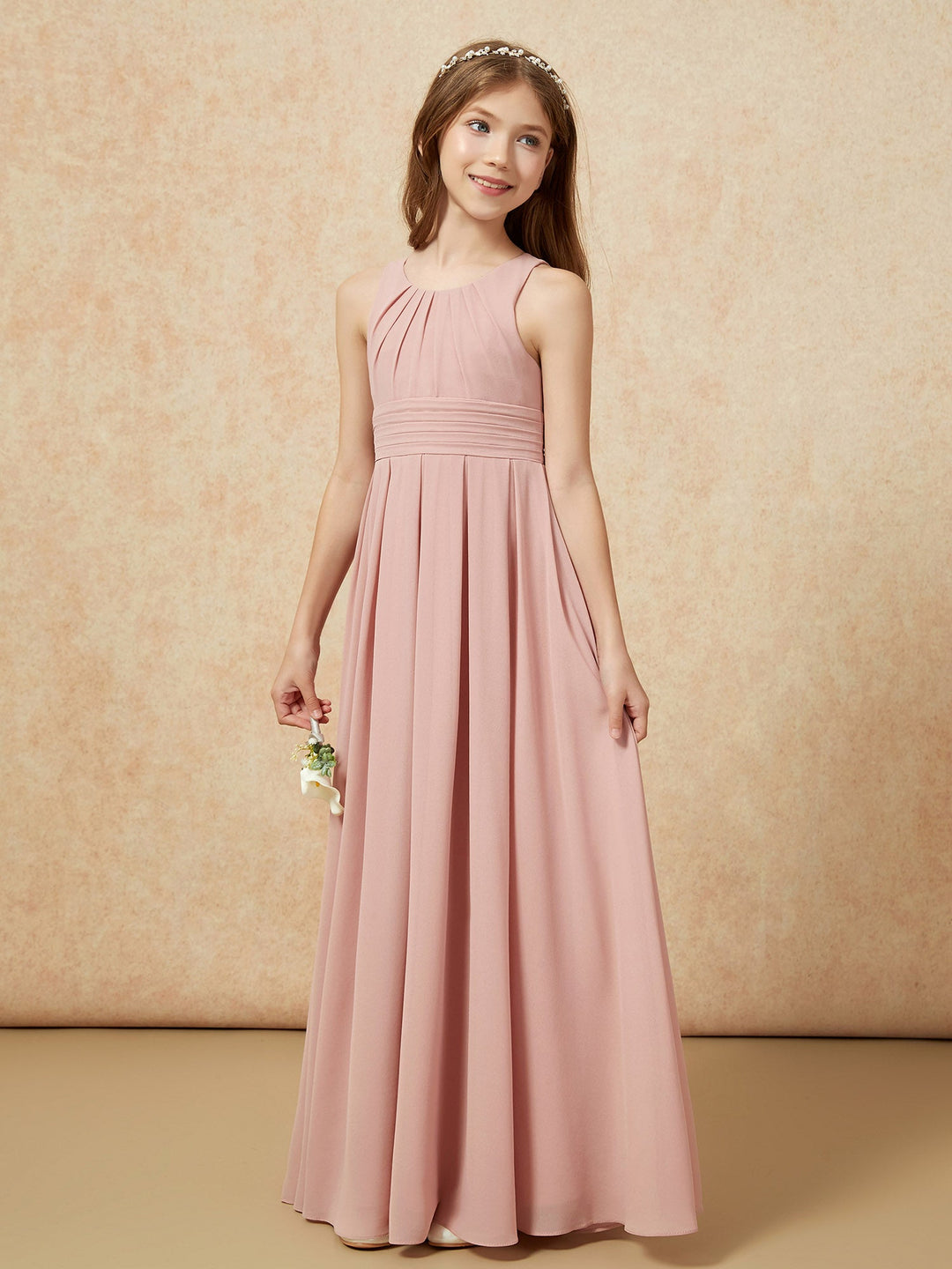 Scoop Neck Pleated Long Junior Bridesmaid Dresses Dusty Rose