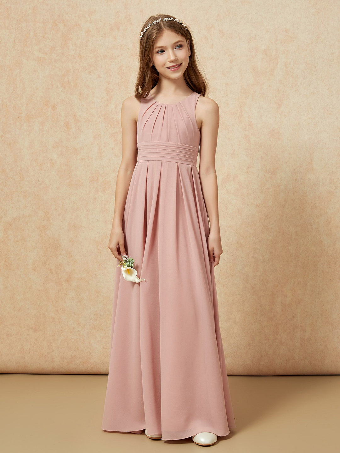 Scoop Neck Pleated Long Junior Bridesmaid Dresses Dusty Rose