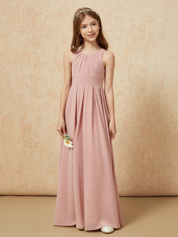 Scoop Neck Pleated Long Junior Bridesmaid Dresses Dusty Rose