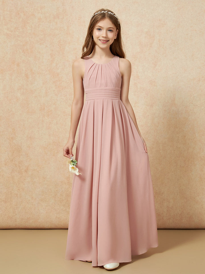 Scoop Neck Pleated Long Junior Bridesmaid Dresses Dusty Rose