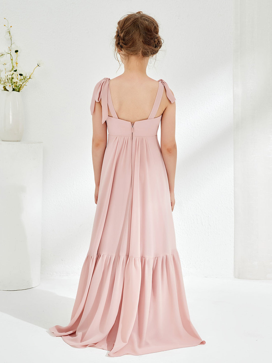 A-Line Bow Ruffle Junior Bridesmaid Dresses Dusty Rose