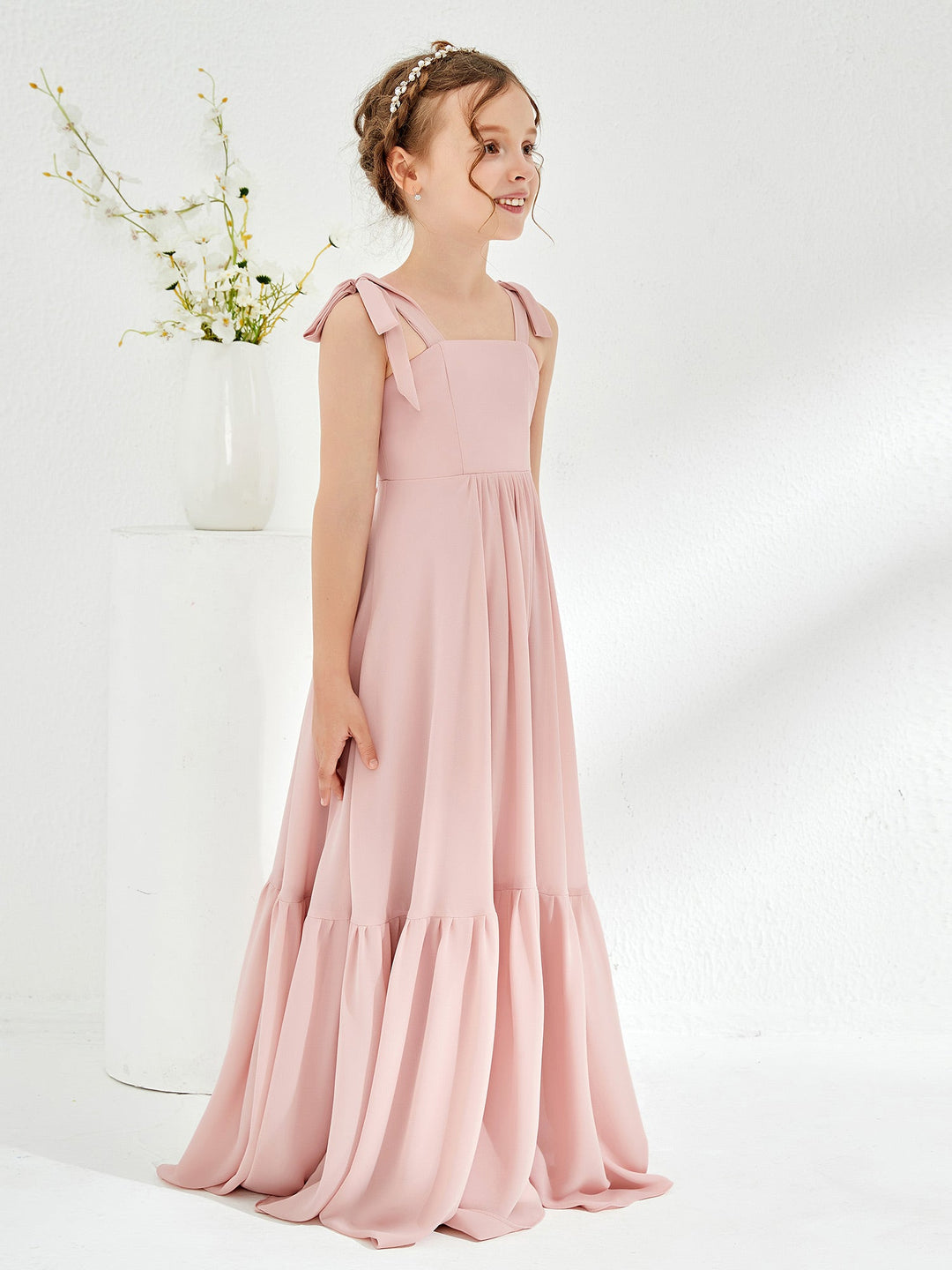 A-Line Bow Ruffle Junior Bridesmaid Dresses Dusty Rose