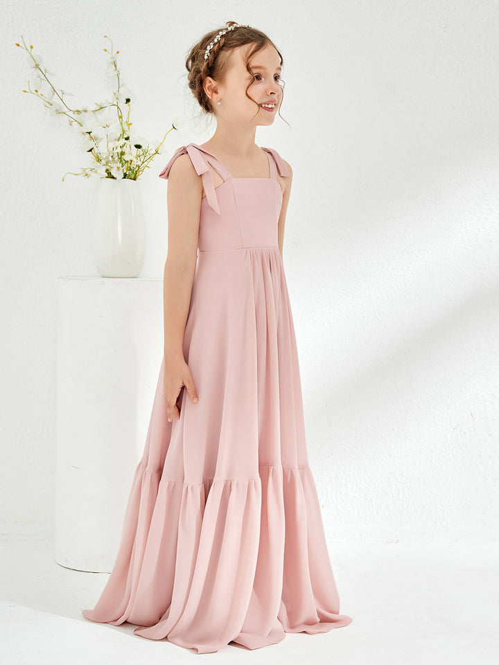 A-Line Bow Ruffle Junior Bridesmaid Dresses Dusty Rose