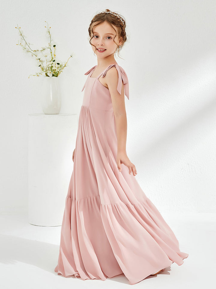 A-Line Bow Ruffle Junior Bridesmaid Dresses Dusty Rose