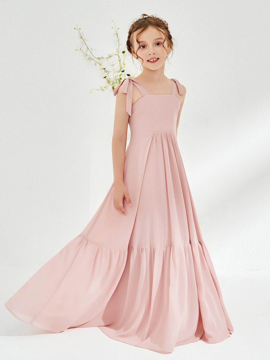 A-Line Bow Ruffle Junior Bridesmaid Dresses Dusty Rose