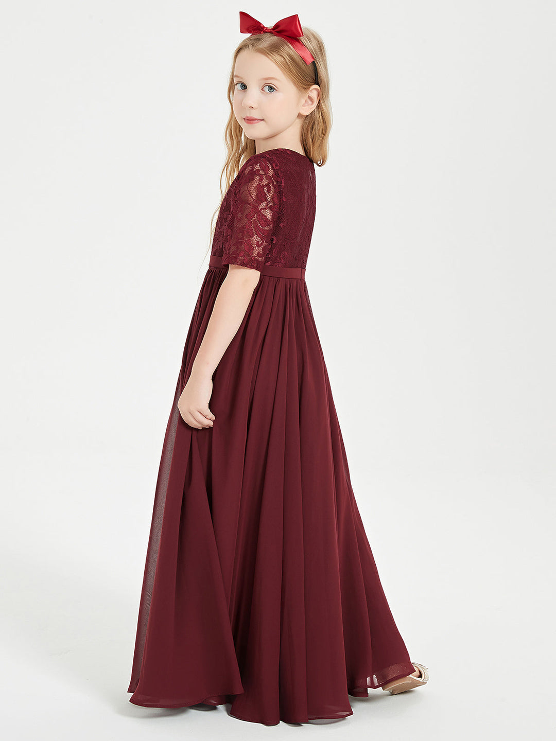Long Junior Bridesmaid Gown Lace Top Half Sleeves Cabernet
