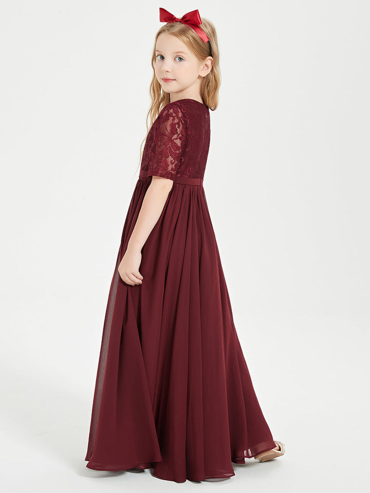 Long Junior Bridesmaid Gown Lace Top Half Sleeves Cabernet