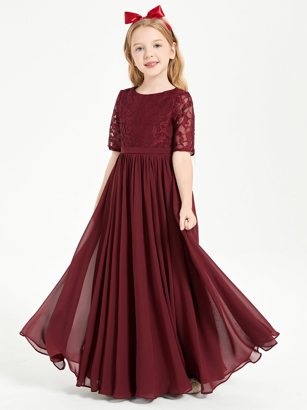 Long Junior Bridesmaid Gown Lace Top Half Sleeves Cabernet