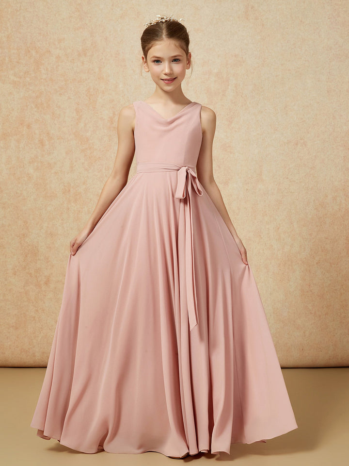 V-neck Chiffon Long Junior Bridesmaid Dress With Belt Dusty Rose