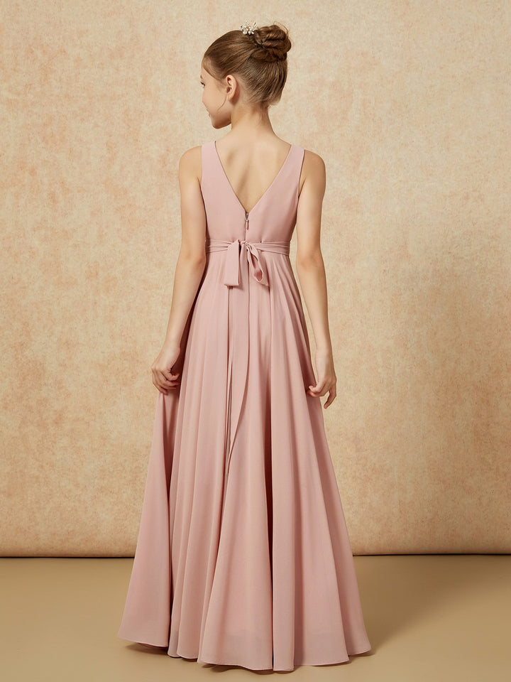V-neck Chiffon Long Junior Bridesmaid Dress With Belt Dusty Rose