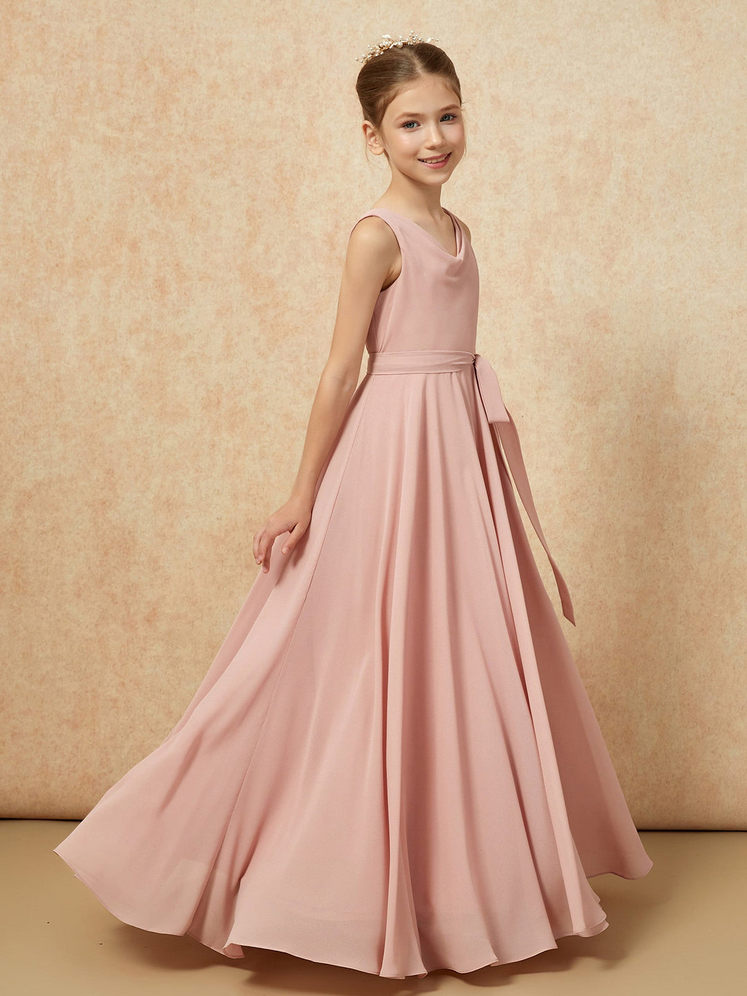 V-neck Chiffon Long Junior Bridesmaid Dress With Belt Dusty Rose