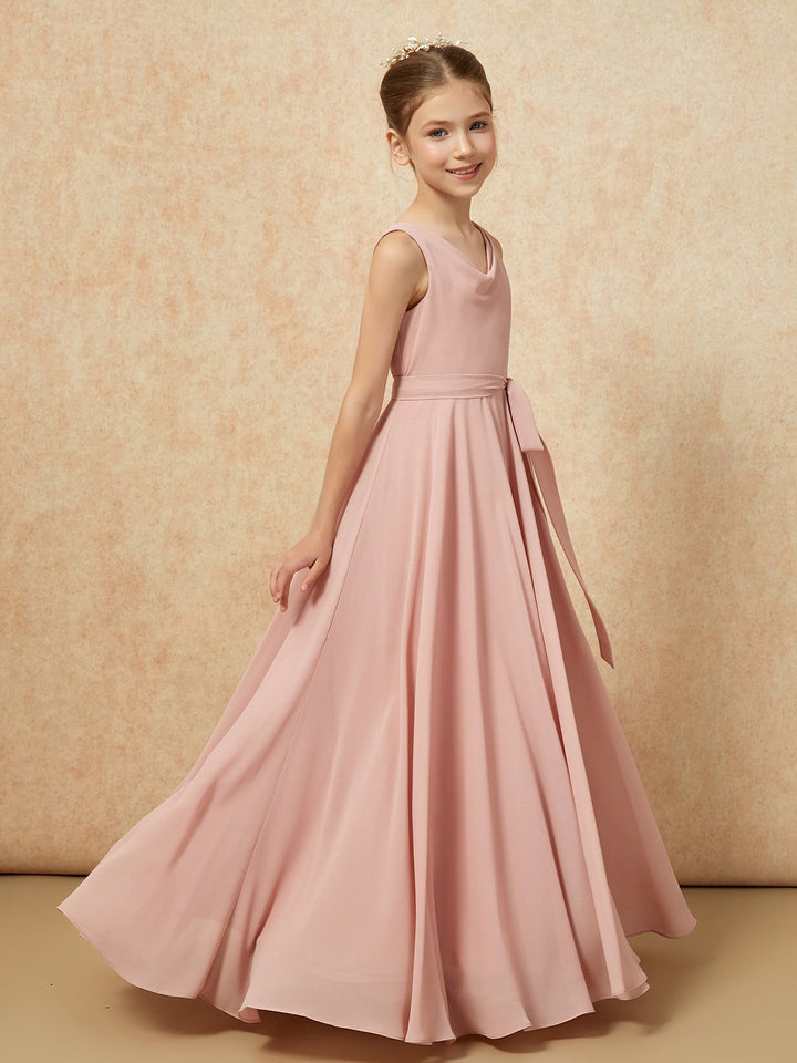 V-neck Chiffon Long Junior Bridesmaid Dress With Belt Dusty Rose