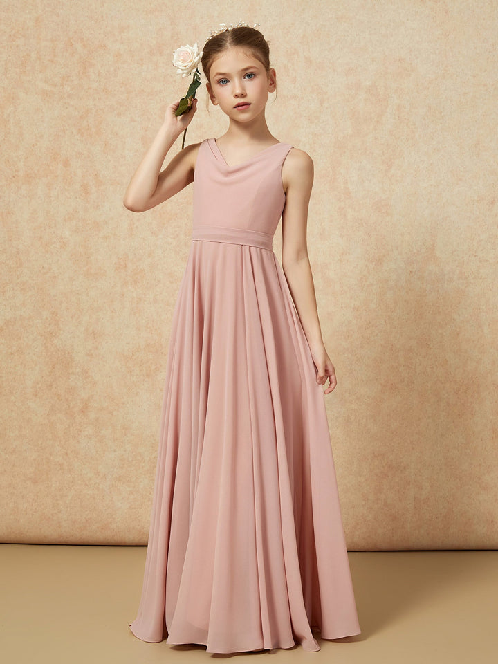 V-neck Chiffon Long Junior Bridesmaid Dress With Belt Dusty Rose