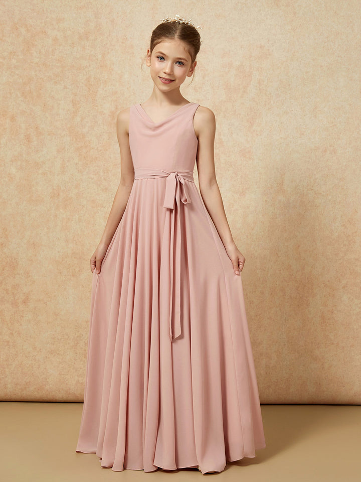 V-neck Chiffon Long Junior Bridesmaid Dress With Belt Dusty Rose