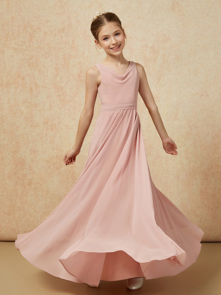 V-neck Chiffon Long Junior Bridesmaid Dress With Belt Dusty Rose