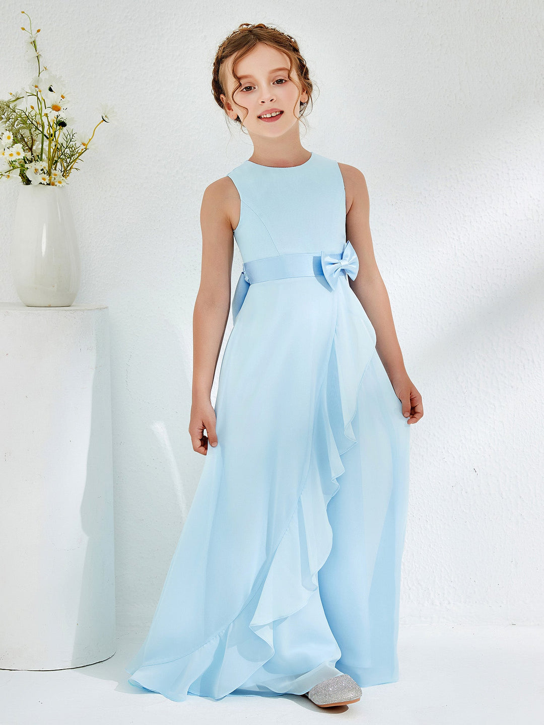 Bateau Neckline Ruffle Junior Bridesmaid Gowns Sky Blue