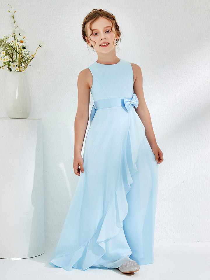 Bateau Neckline Ruffle Junior Bridesmaid Gowns Sky Blue