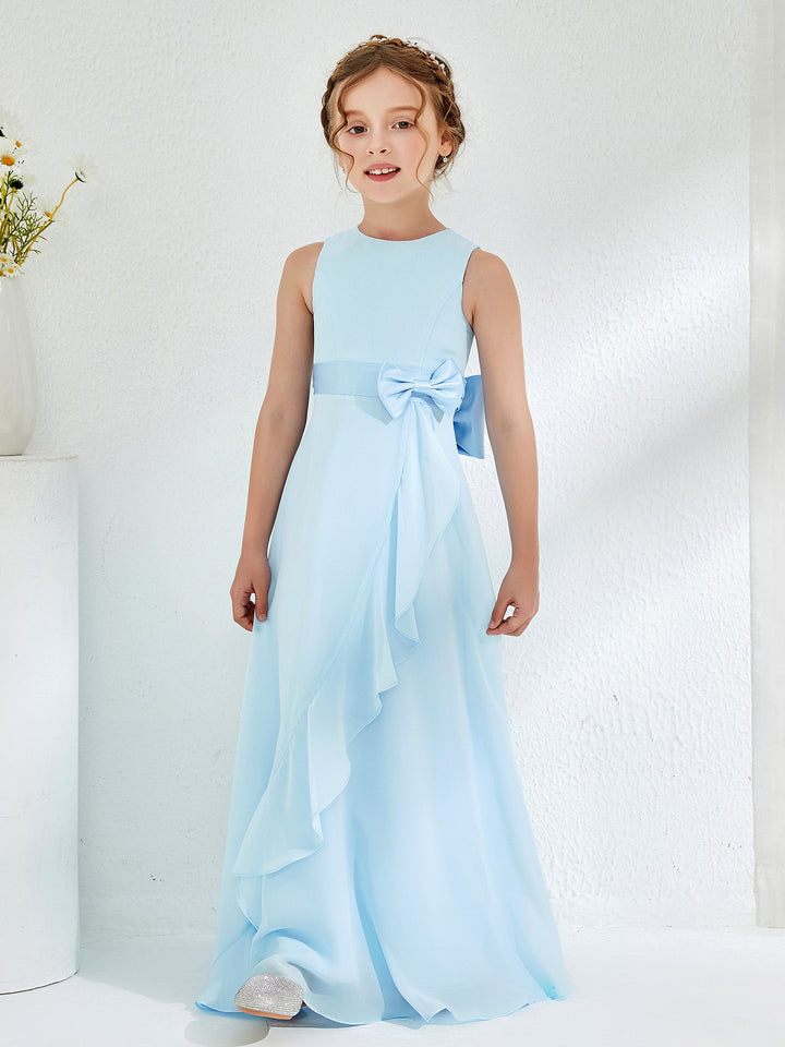 Bateau Neckline Ruffle Junior Bridesmaid Gowns Sky Blue