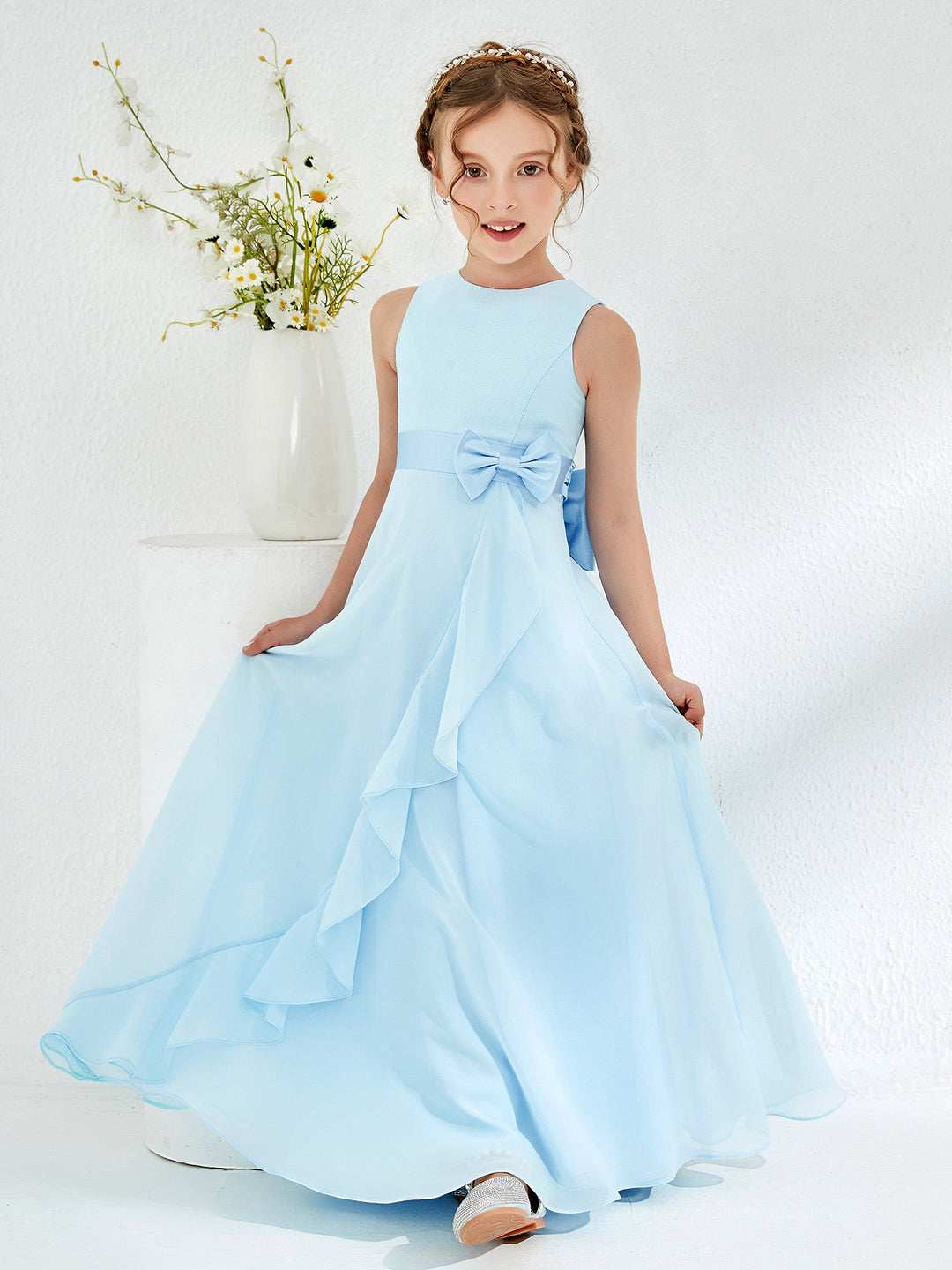 Bateau Neckline Ruffle Junior Bridesmaid Gowns Sky Blue