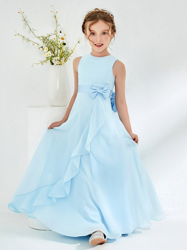 Bateau Neckline Ruffle Junior Bridesmaid Gowns Sky Blue