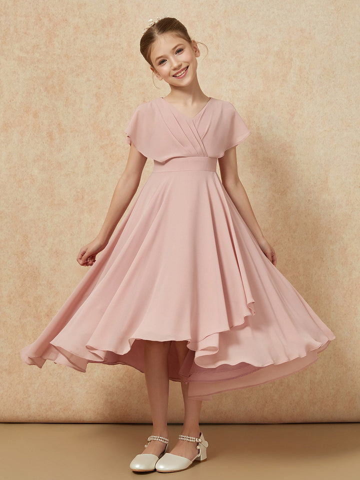V-neck Chiffon Asymmetrical Junior Bridesmaid Dresses Dusty Rose