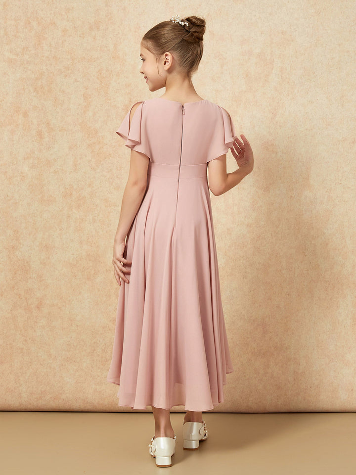 V-neck Chiffon Asymmetrical Junior Bridesmaid Dresses Dusty Rose