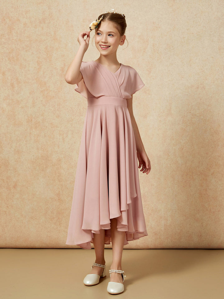 V-neck Chiffon Asymmetrical Junior Bridesmaid Dresses Dusty Rose