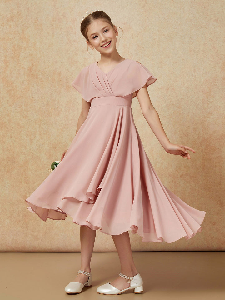 V-neck Chiffon Asymmetrical Junior Bridesmaid Dresses Dusty Rose