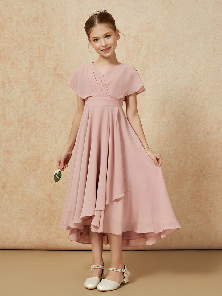V-neck Chiffon Asymmetrical Junior Bridesmaid Dresses Dusty Rose