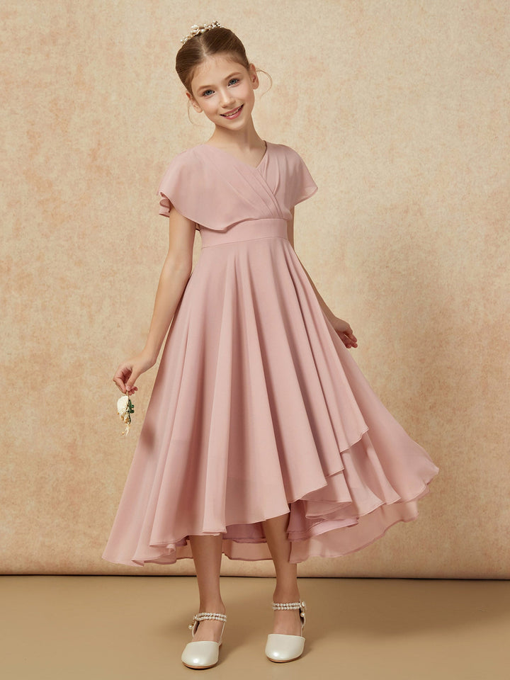 V-neck Chiffon Asymmetrical Junior Bridesmaid Dresses Dusty Rose