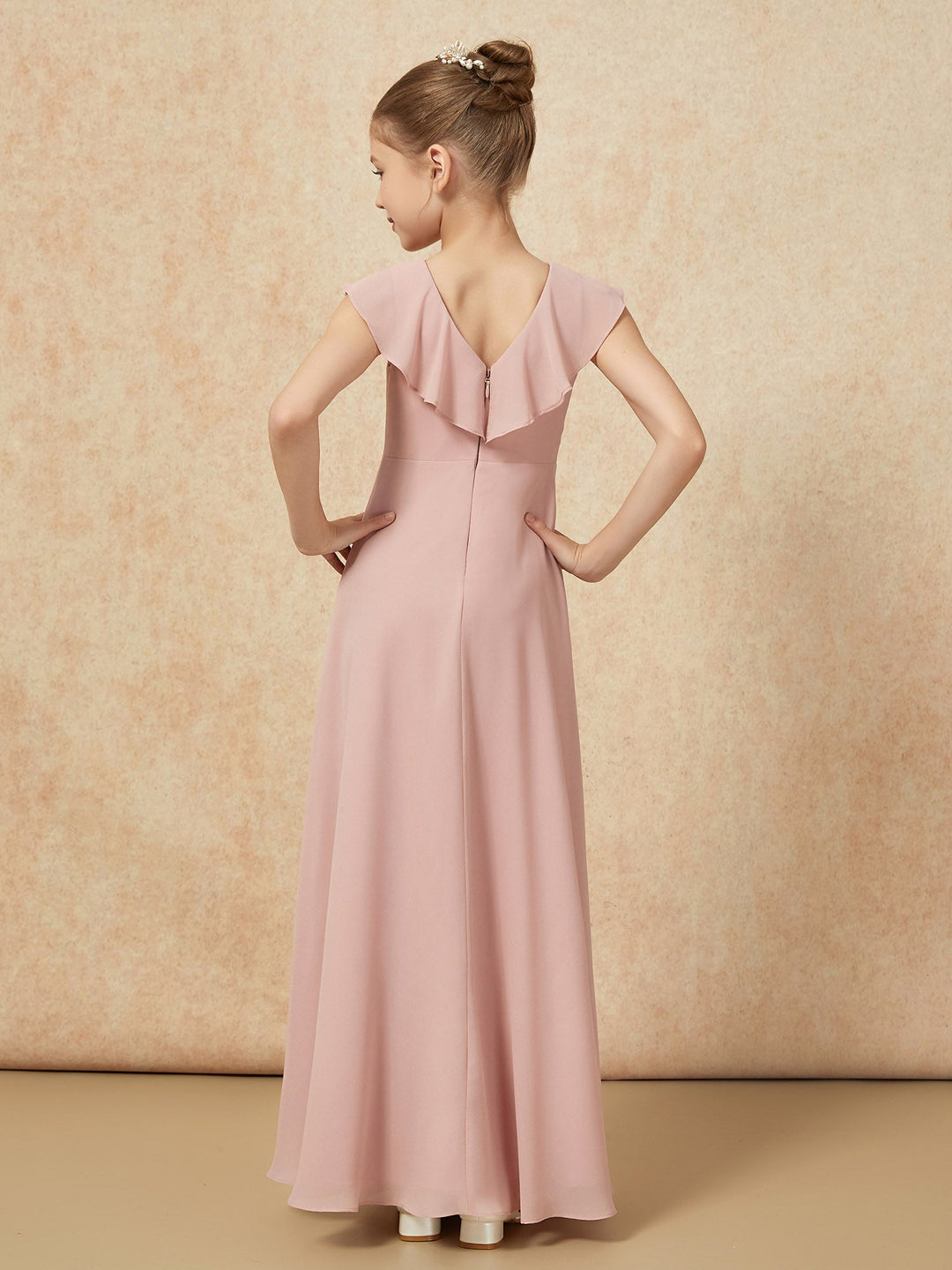 V-neck Ruffle Chiffon Junior Bridesmaid Dresses With Slit Dusty Rose
