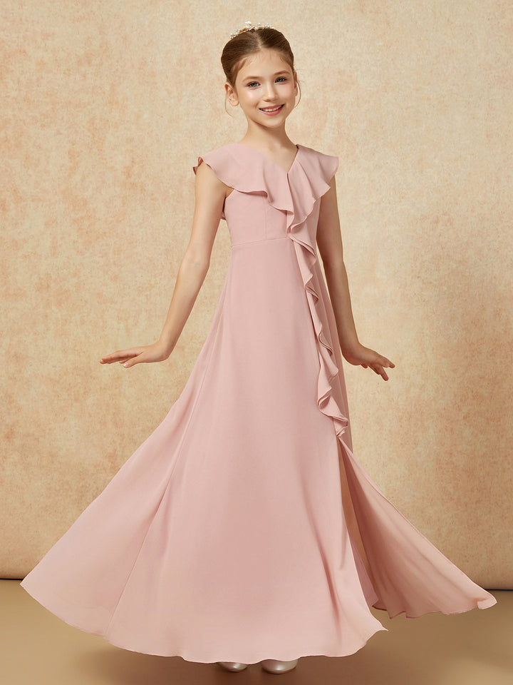 V-neck Ruffle Chiffon Junior Bridesmaid Dresses With Slit Dusty Rose