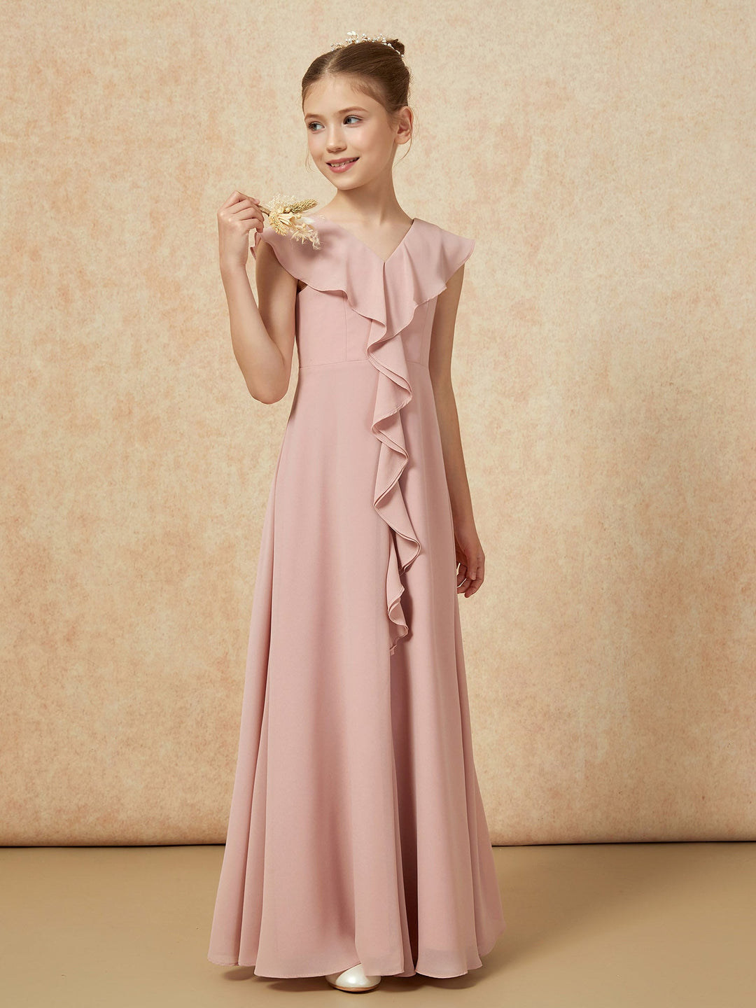 V-neck Ruffle Chiffon Junior Bridesmaid Dresses With Slit Dusty Rose