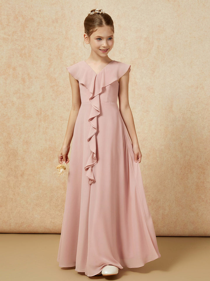 V-neck Ruffle Chiffon Junior Bridesmaid Dresses With Slit Dusty Rose