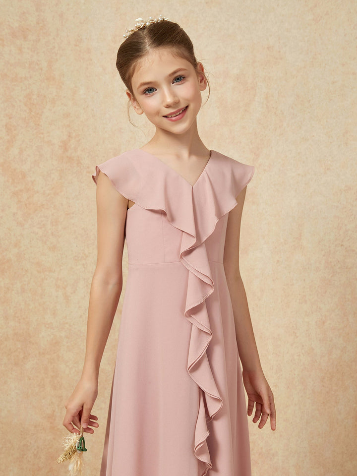 V-neck Ruffle Chiffon Junior Bridesmaid Dresses With Slit Dusty Rose