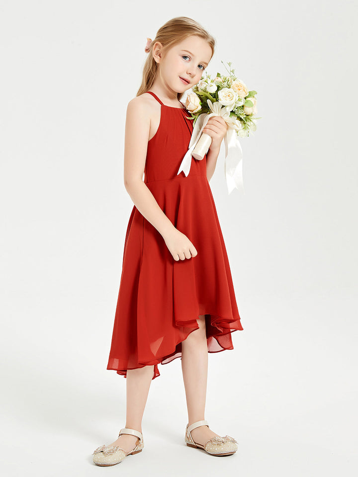 Trendy Tea Length Junior Bridesmaid Dresses Asymmetrical Skirt Rust