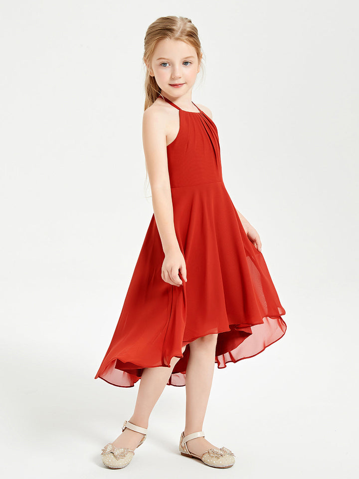 Trendy Tea Length Junior Bridesmaid Dresses Asymmetrical Skirt Rust
